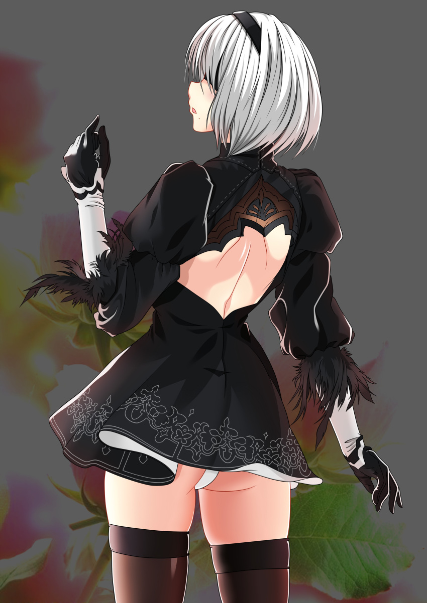 1girl absurdres back_cutout bare_back black_dress black_hairband black_legwear blindfold blush covered_eyes cowboy_shot dress feather-trimmed_sleeves from_behind hairband haruka_(pixiv) highres juliet_sleeves leotard long_sleeves mole mole_under_mouth nier_(series) nier_automata parted_lips profile puffy_sleeves short_hair silver_hair solo thigh-highs white_leotard yorha_no._2_type_b