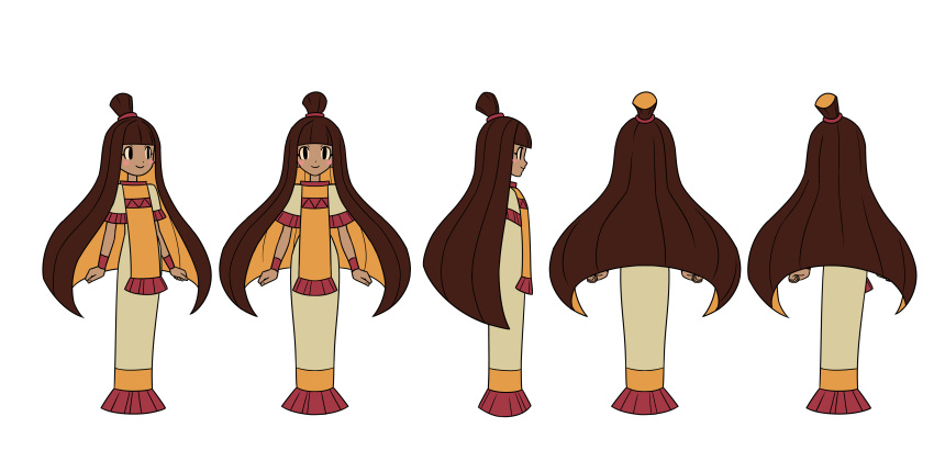 1girl absurdres black_eyes blonde_hair blush_stickers brown_hair character_sheet dark_skin dress highres indivisible long_hair multicolored_hair multiple_views nuna_(indivisible) official_art smile topknot turnaround two-tone_hair