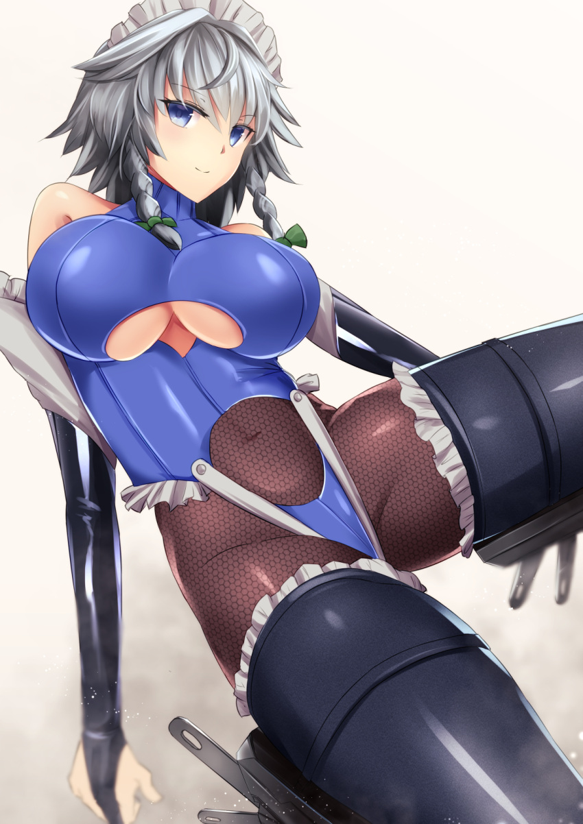 1girl alternate_costume blue_eyes boots bow braid breasts bridal_gauntlets commentary_request detached_sleeves elbow_gloves fishnet_pantyhose fishnets frilled_boots frilled_sleeves frills gloves grey_hair hair_bow highres hips izayoi_sakuya large_breasts latex latex_boots latex_gloves leg_up looking_at_viewer maid_headdress pantyhose pink_background shiny shiny_clothes simple_background sinkai smile solo taimanin_suit thigh-highs thigh_boots thighs touhou twin_braids under_boob