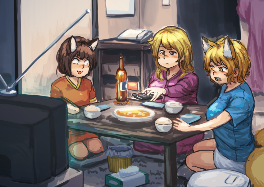 3girls alternate_costume animal_ears bangs blonde_hair blue_shirt bottle breasts casual cat_ears chanta_(ayatakaoisii) chen commentary_request constricted_pupils contemporary controller dress expressionless extra_ears food fox_ears fox_tail highres indoors long_hair long_sleeves looking_down medium_breasts multiple_girls multiple_tails napkin no_hat no_headwear pajamas purple_dress purple_pajamas red_dress remote_control rice seiza shirt short_dress short_sleeves shorts sitting surprised t-shirt table tail television thighs touhou violet_eyes white_shorts yakumo_ran yakumo_yukari yellow_eyes