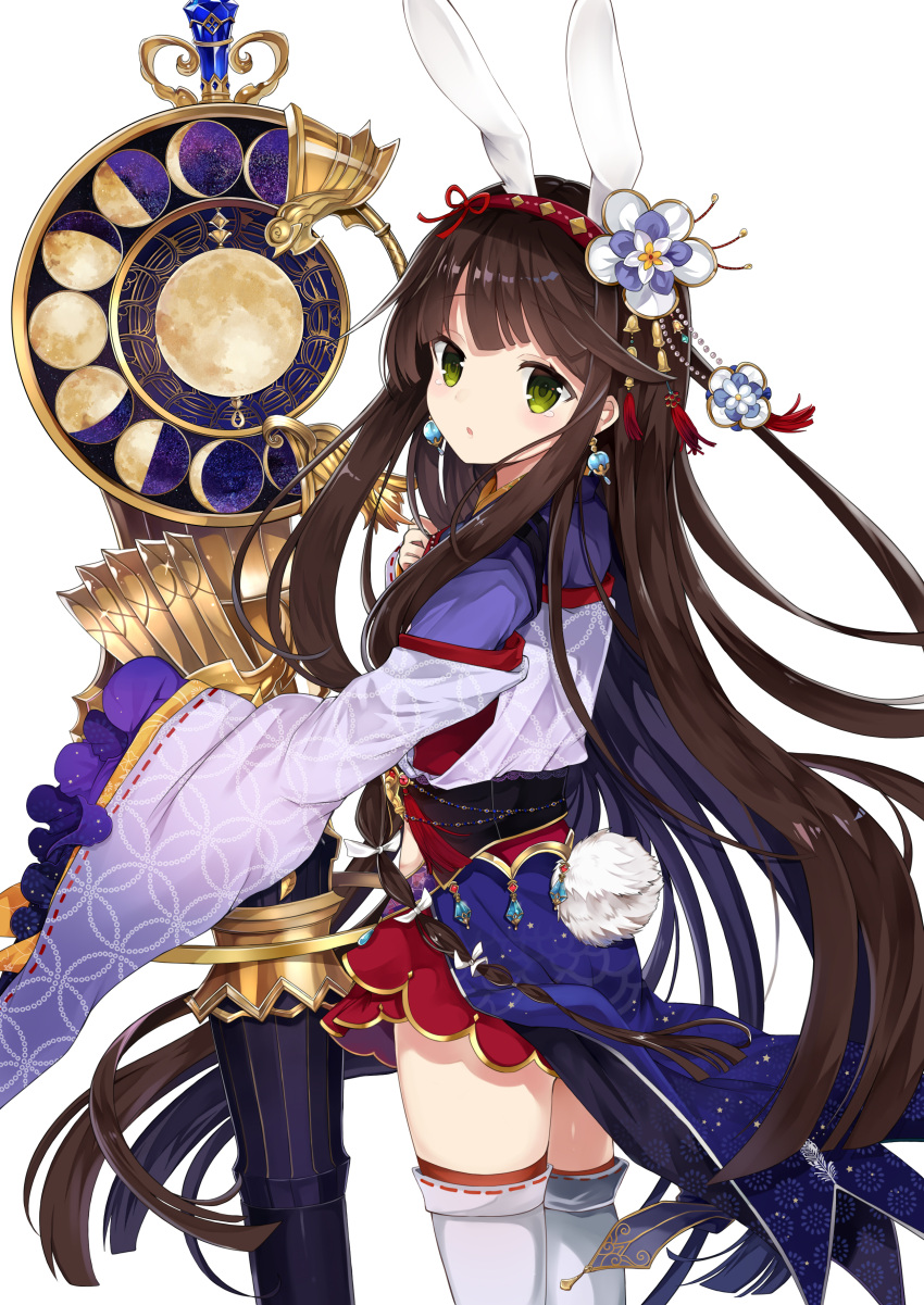 1girl absurdres animal_ears bangs blush boots brown_hair cowboy_shot flower from_side green_eyes grimms_notes hair_flower hair_ornament hairband highres holding japanese_clothes kaguyahime_(grimms_notes) long_hair looking_at_viewer looking_back parted_lips rabbit_ears red_legwear retsuto ribbon-trimmed_legwear ribbon_trim sash sidelocks simple_background solo swept_bangs thigh-highs thigh_boots very_long_hair white_background white_flower white_legwear