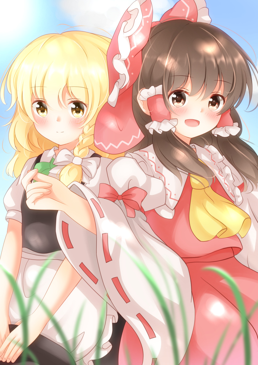 2girls :d absurdres apron ascot blonde_hair blouse blush bow brown_eyes brown_hair commentary detached_sleeves hair_bow hair_ribbon hair_tubes hakurei_reimu hat headwear_removed highres holding holding_hat kirisame_marisa large_bow long_hair looking_at_viewer multiple_girls open_mouth puffy_short_sleeves puffy_sleeves ribbon ribbon-trimmed_sleeves ribbon_trim short_sleeves side-by-side skirt skirt_set smile touhou unira vest waist_apron wavy_hair wide_sleeves witch_hat yellow_eyes