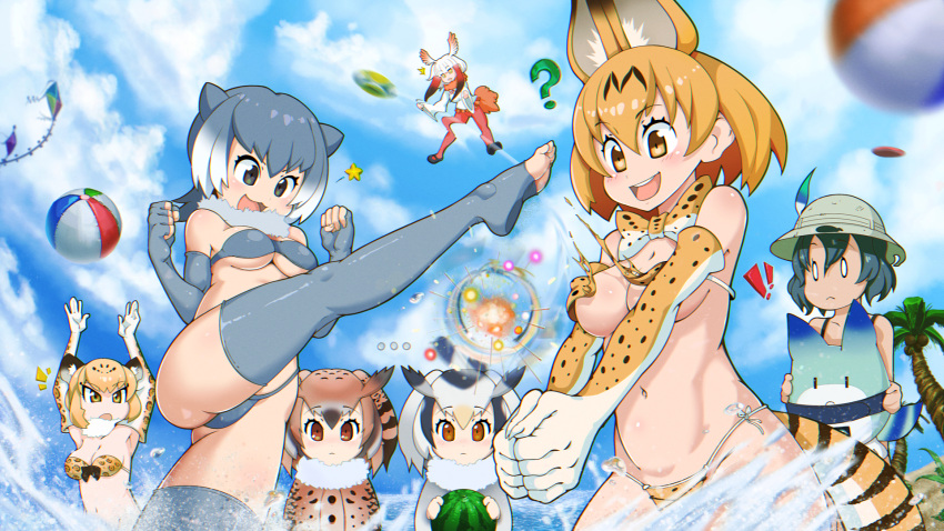 6+girls :d animal_ears armpits ass ball beachball bikini blonde_hair breasts brown_eyes brown_hair cleavage draw-till-death elbow_gloves feet fingerless_gloves gloves grey_gloves grey_hair grey_legwear hat highres jaguar_(kemono_friends) kaban_(kemono_friends) kemono_friends lucky_beast_(kemono_friends) multiple_girls open_mouth palm_tree red_legwear serval_(kemono_friends) small-clawed_otter_(kemono_friends) smile swimsuit tail teeth thigh-highs toeless_legwear toes tree white_hair