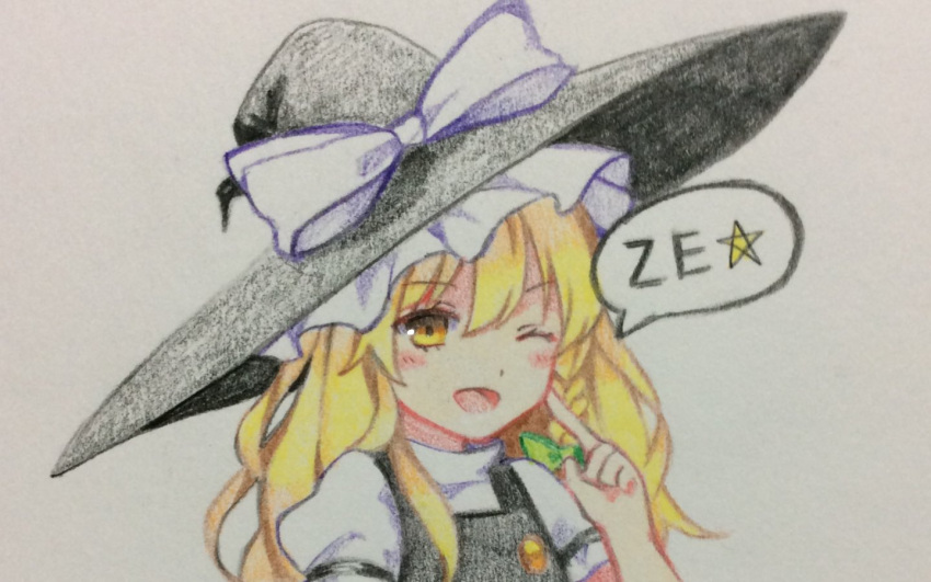 1girl ;d blonde_hair blush braid colored_pencil_(medium) commentary hat kirisame_marisa long_hair looking_at_viewer one_eye_closed open_mouth puffy_short_sleeves puffy_sleeves short_sleeves side_braid single_braid smile solo star touhou traditional_media turtleneck vest witch_hat yellow_eyes yururi_nano ze_(phrase)