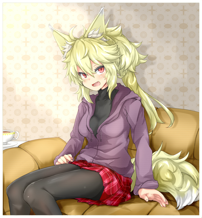 1girl absurdres animal_ears black_legwear blonde_hair blush breasts cup eyebrows_visible_through_hair fang fox_ears fox_tail highres large_breasts long_hair looking_at_viewer open_mouth original pantyhose plaid plaid_skirt plate red_eyes red_skirt sitting skirt smile solo tail tea teacup yarareimu