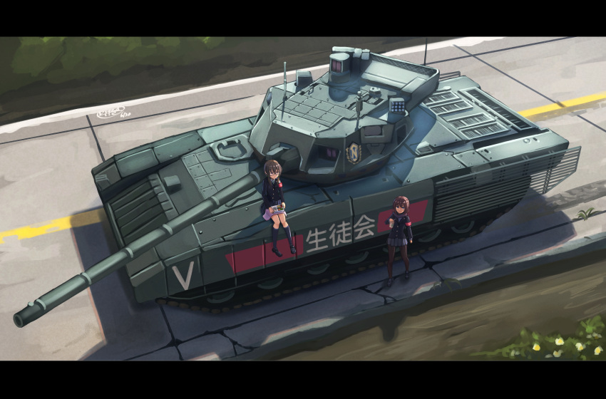 2girls dreadtie ground_vehicle highres military military_vehicle motor_vehicle multiple_girls original t-14_armata tank translation_request