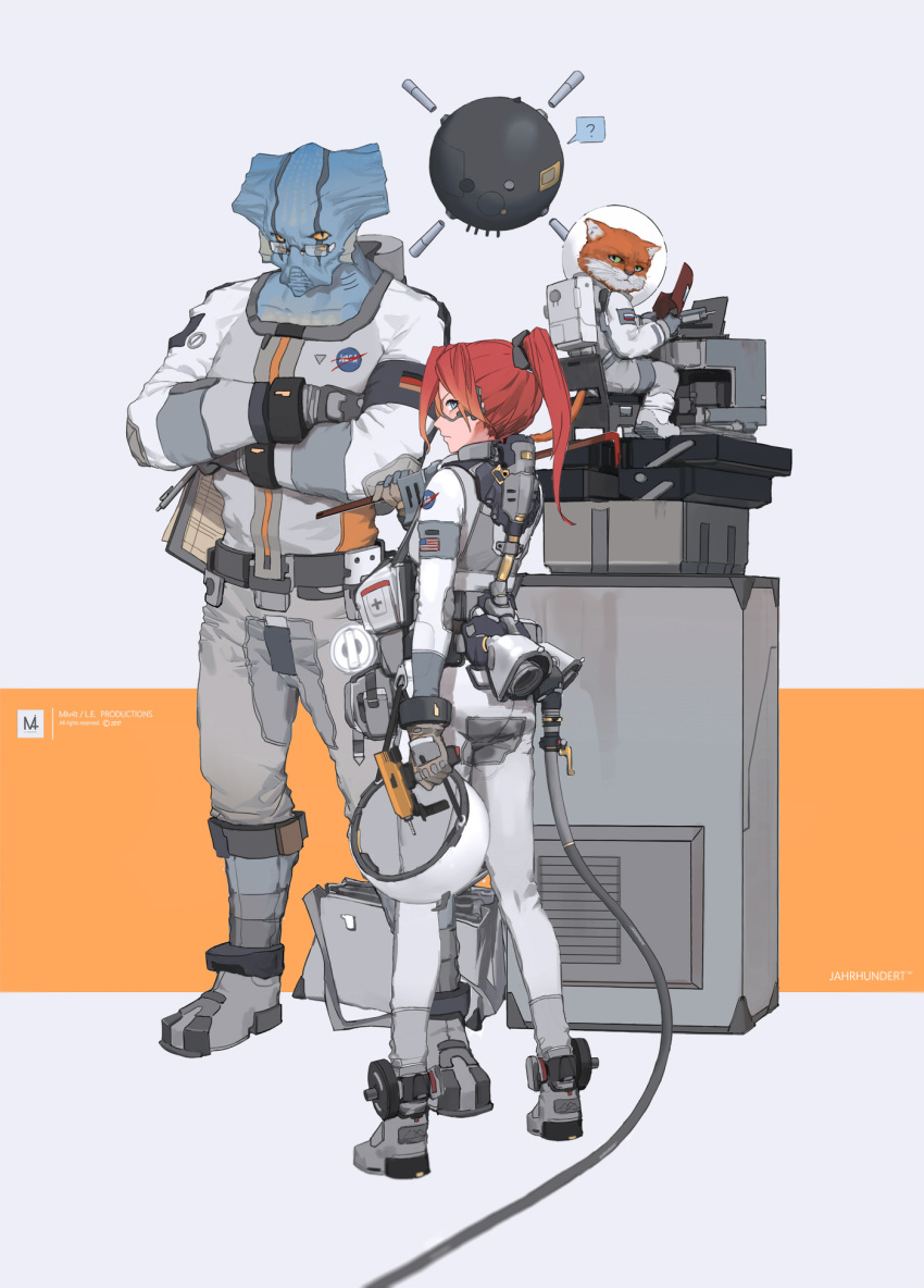 1girl ? artist_name blue_eyes brown_gloves cat crossed_arms drill glasses gloves highres holding holding_clipboard holding_pen looking_at_viewer mivit nasa original redhead short_hair short_ponytail sitting spacesuit speech_bubble spoken_question_mark yellow_sclera
