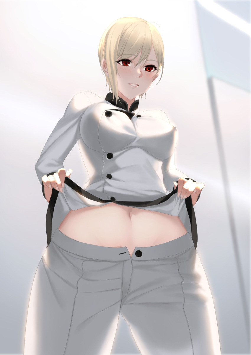 1girl absurdres aowltus209 blonde_hair blush chef_uniform eyelashes fingernails from_below highres indoors lighting lips looking_at_viewer nakiri_alice navel pants parted_lips red_eyes shirt_lift shokugeki_no_souma short_hair solo unbuttoned