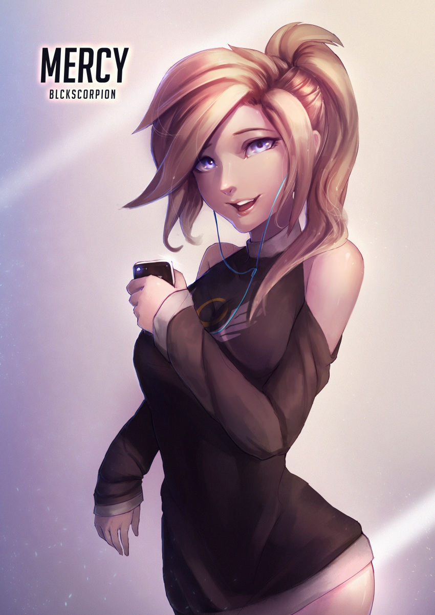 1girl absurdres artist_name bare_shoulders blckscorpion blonde_hair blue_eyes bottomless breasts brown_sweater casual character_name digital_media_player dust earphones earphones emblem grey_background hair_tie high_ponytail highres holding light_particles light_rays long_sleeves looking_at_viewer medium_breasts mercy_(overwatch) no_pants nose open_mouth overwatch pink_lips print_sweater purple_background signature sleeves_past_wrists smile solo sweater turtleneck turtleneck_sweater upper_body