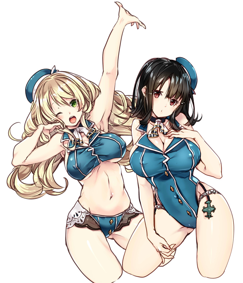 218 2girls ;d absurdres arm_up armpits ascot atago_(kantai_collection) bangs bare_arms beret bikini black_eyes blonde_hair blush breasts brown_hair choker cleavage cowboy_shot cropped_legs erect_nipples eyebrows_visible_through_hair gluteal_fold green_eyes hair_between_eyes hand_on_own_chest hand_up hat highres kantai_collection large_breasts long_hair looking_at_viewer multiple_girls navel one-piece_swimsuit one_eye_closed open_mouth outstretched_hand parted_lips sidelocks simple_background sleeveless smile stomach swimsuit takao_(kantai_collection) under_boob white_background