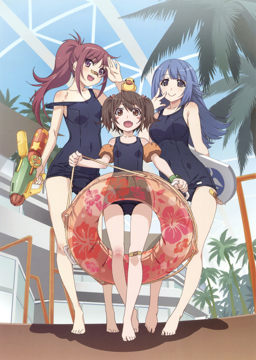 3girls :d absurdres arm_behind_back bandaid bandaid_on_knee bandaid_on_leg bandaid_on_nose bangle barefoot black_eyes blue_hair blush_stickers bracelet breasts brown_eyes brown_hair clenched_hand closed_mouth collarbone covered_navel day eyebrows_visible_through_hair fang flipped_hair full_body hair_between_eyes highres holding indoors inflatable_armbands innertube jewelry kickboard long_hair looking_at_viewer medium_breasts multiple_girls one-piece_swimsuit open_mouth original palm_tree ponytail railing rubber_duck salute scan school_swimsuit shadow short_hair short_twintails small_breasts smile standing strap_slip swimsuit tree twintails v-shaped_eyebrows violet_eyes watanabe_akio water_gun