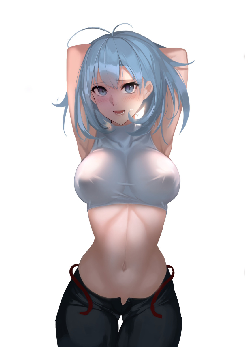 1girl abs absurdres aowltus209 armpits arms_behind_head arms_up blue_eyes blue_hair crop_top double_ahoge erect_nipples eyelashes highres lips long_hair looking_at_viewer midriff navel open_mouth original shirt sleeveless sleeveless_shirt solo taut_clothes taut_shirt unbuttoned unbuttoned_pants