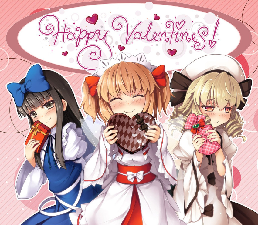 3girls black_bow black_hair blonde_hair blue_bow blush bow chima_q commentary_request cowboy_shot dress drill_hair embarrassed fairy_wings gift grey_eyes hair_bow happy_valentine hat heart highres hime_cut holding holding_gift juliet_sleeves long_hair long_sleeves looking_at_viewer luna_child multiple_girls orange_hair presenting puffy_sleeves red_sash redhead sash star_sapphire sunny_milk take_your_pick touhou two_side_up valentine white_bow wings