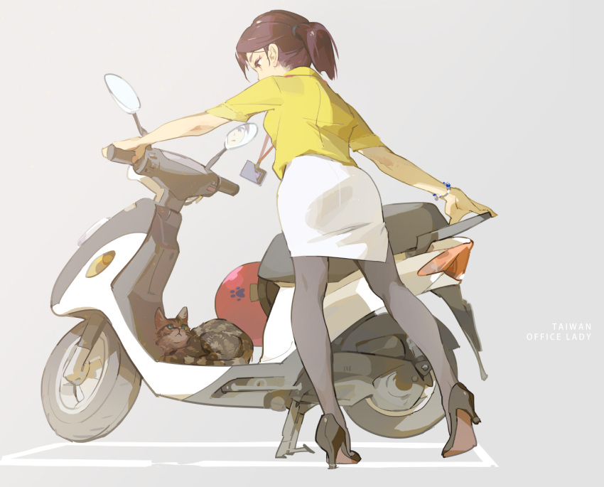 black_legwear brown_hair cat ground_vehicle helmet high_heels highres looking_at_another looking_down looking_up motor_vehicle motorcycle office_lady office_lady_taiwan orange_eyes original pantyhose pencil_skirt ponytail scooter shirt sitting skirt tag taiwan tennohi yellow_shirt