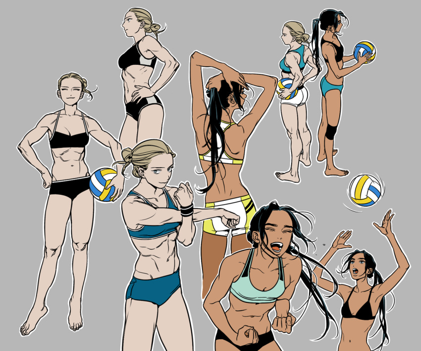 2girls abs artist_request blonde_hair blue_eyes breasts character_sheet closed_eyes dark_skin from_behind hair_bun hands_on_hips long_hair looking_at_viewer medium_breasts multiple_girls navel original ponytail small_breasts smile sports_bikini sportswear toned volleyball