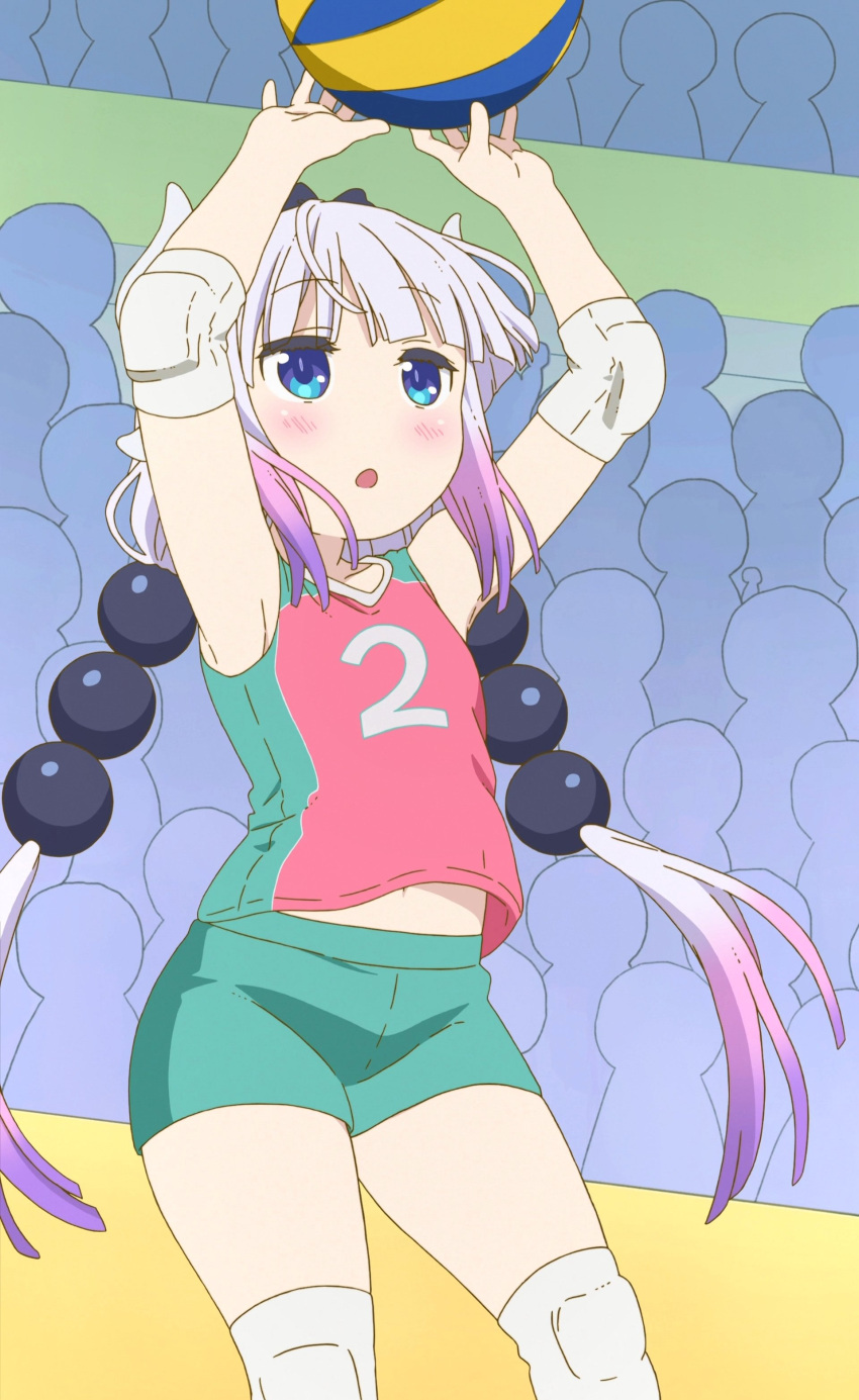 1girl absurdres bangs beads black_bow blue_eyes blunt_bangs blush bow dragon_girl dragon_horns gradient_hair hair_beads hair_ornament highres horns kanna_kamui kobayashi-san_chi_no_maidragon lavender_hair long_hair low_twintails multicolored_hair pink_hair solo sport sportswear twintails volleyball volleyball_uniform