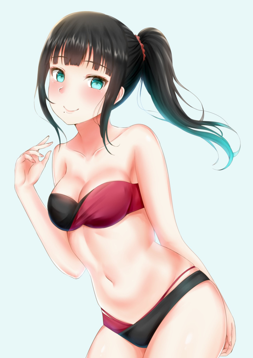 1girl aqua_eyes arm arm_behind_back bangs bare_arms bare_shoulders bikini black_bikini black_hair black_swimsuit blunt_bangs blush breasts cleavage closed_mouth collarbone commentary cowboy_shot eyebrows_visible_through_hair female hair_ornament hair_scrunchie hand_up highres kurosawa_dia layered_bikini leaning leaning_forward light_blue_background lips long_hair looking_at_viewer love_live! love_live!_sunshine!! medium_breasts midriff mole mole_under_mouth multicolored multicolored_bikini multicolored_swimsuit navel neck ponytail rama_(yu-light8) red_bikini red_swimsuit scrunchie sidelocks simple_background smile solo standing stomach strapless strapless_bikini strapless_swimsuit swimsuit two-tone_bikini two-tone_swimsuit