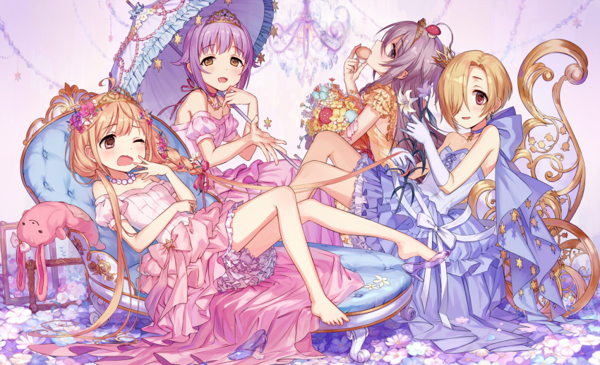 10s 4girls ahoge bags_under_eyes barefoot blonde_hair brown_eyes dress feet futaba_anzu glass_slipper gloves grey_eyes grey_hair hair_over_one_eye hoshi_shouko idolmaster idolmaster_cinderella_girls koshimizu_sachiko long_hair looking_at_viewer low_twintails multiple_girls mushroom one_eye_closed open_mouth purple_hair red_eyes shirasaka_koume shoe_dangle shoes_removed single_shoe smile star stuffed_animal stuffed_bunny stuffed_toy tamaext tiara toes twintails umbrella yawning