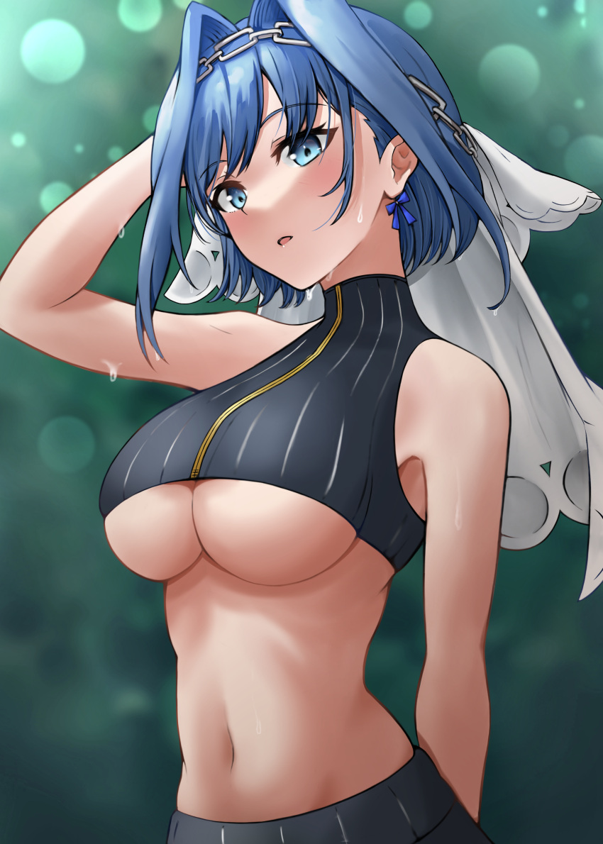 1girl absurdres arm_behind_head bangs bare_arms bare_shoulders blue_eyes blue_hair breasts chain commentary crop_top dstwins97 eyebrows_visible_through_hair from_below hair_between_eyes hair_intakes hairband hand_up highres hololive hololive_english large_breasts looking_at_viewer midriff navel open_mouth ouro_kronii revision short_hair solo sweat swept_bangs under_boob upper_body veil virtual_youtuber wet wet_hair
