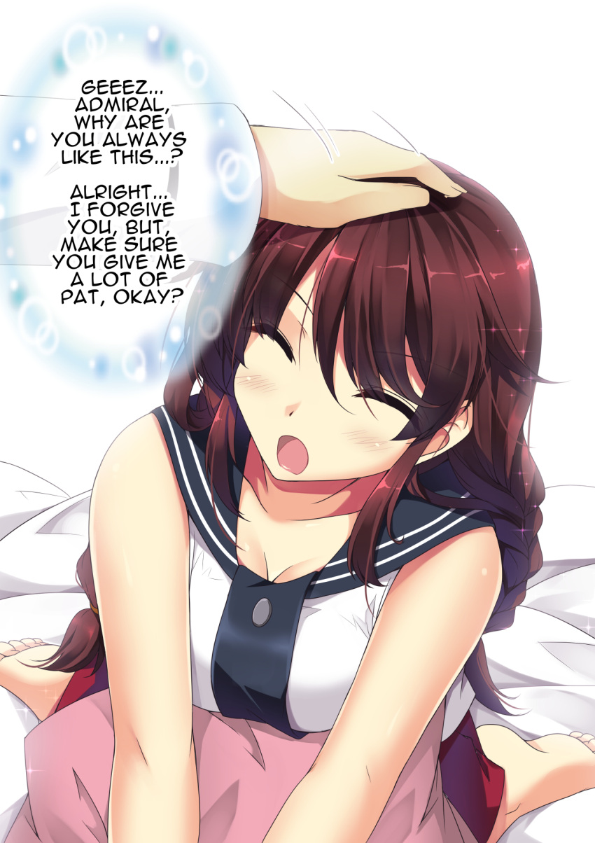1boy 1girl admiral_(kantai_collection) auburn_hair bed_sheet blush braid breasts cleavage closed_eyes collarbone english highres kantai_collection kneeling large_breasts leaning_forward long_hair looking_at_viewer looking_up noshiro_(kantai_collection) open_mouth petting pillow pleated_skirt red_skirt sailor_collar sheita shiny shiny_hair skirt twin_braids