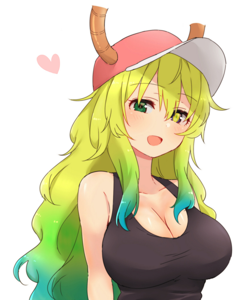 1girl :d blush breasts cleavage dragon_girl dragon_horns eyebrows_visible_through_hair gradient_hair green_eyes green_hair hat heart heterochromia highres horns kobayashi-san_chi_no_maidragon large_breasts long_hair merry_(168cm) multicolored_hair open_mouth quetzalcoatl_(maidragon) simple_background smile solo upper_body violet_eyes white_background yellow_pupils