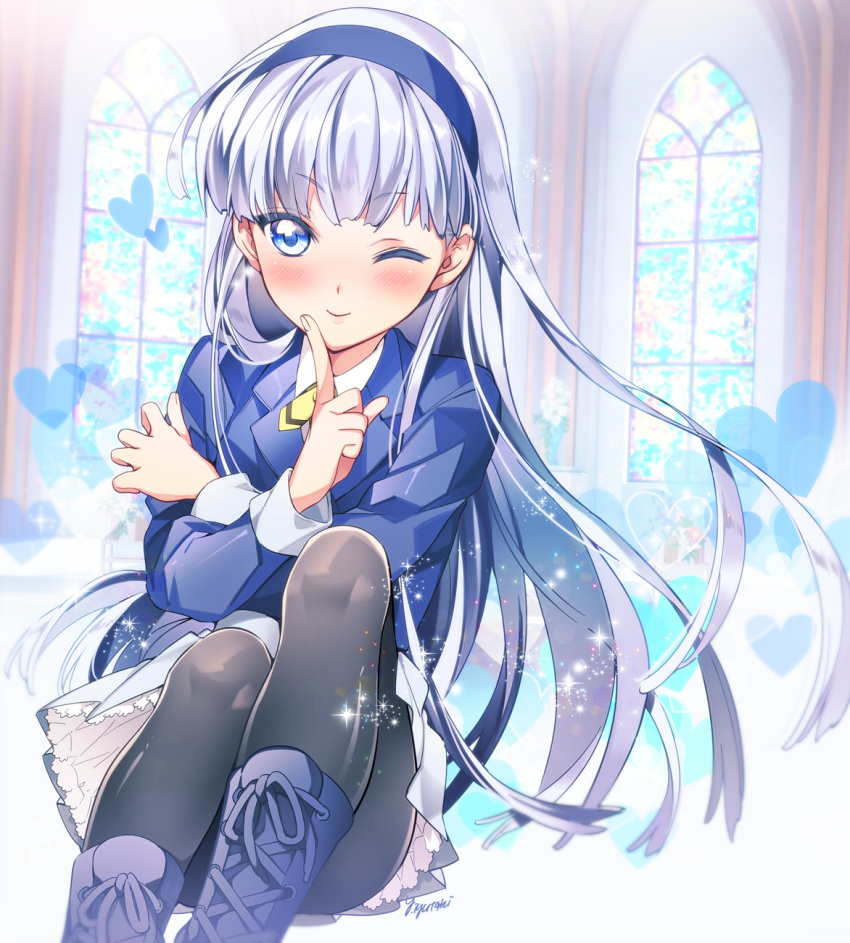 1girl ankle_boots black_legwear blue_blazer blue_boots blue_eyes blue_hairband blush boots closed_mouth cross-laced_footwear female finger_to_mouth hairband heart highres index_finger_raised iyutani lace-up_boots long_hair looking_at_viewer magic_knight_rayearth one_eye_closed pantyhose ryuuzaki_umi silver_hair sitting smile solo