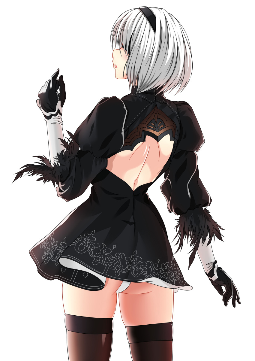 1girl absurdres back_cutout bare_back black_dress black_hairband black_legwear blindfold blush covered_eyes cowboy_shot dress feather-trimmed_sleeves from_behind hairband haruka_(pixiv) highres juliet_sleeves leotard long_sleeves mole mole_under_mouth nier_(series) nier_automata parted_lips profile puffy_sleeves short_hair silver_hair simple_background solo thigh-highs white_background white_leotard yorha_no._2_type_b