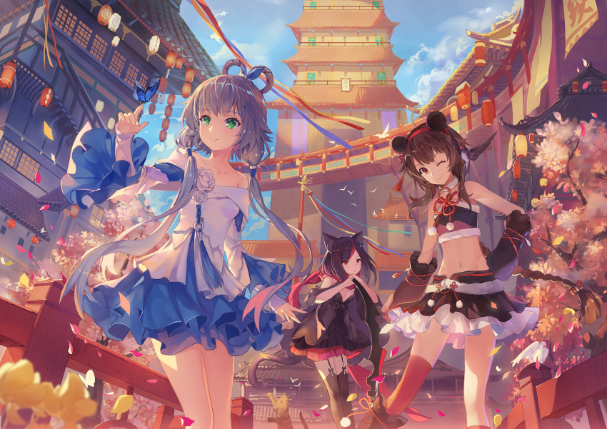 3girls animal_ears bare_shoulders black_hair black_legwear blush brown_hair cat_ears cat_tail collarbone criin_(659503) eyebrows_visible_through_hair garter_straps green_eyes grey_hair highres lantern long_hair looking_at_viewer looking_away luo_tianyi multicolored_hair multiple_girls navel one_eye_closed red_eyes red_legwear redhead smile tail thigh-highs twintails vocaloid vocanese yuezheng_ling