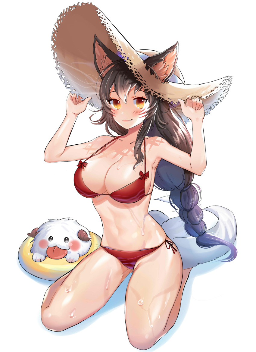 1girl :3 absurdres ahri animal_ears bare_legs barefoot bikini braid breasts facial_mark fang_out hands_on_headwear hat highres innertube large_breasts league_of_legends long_hair looking_at_viewer multiple_tails navel poro_(league_of_legends) red_bikini shorarung side-tie_bikini single_braid sitting solo straw_hat sun_hat swimsuit tail very_long_hair wariza wet yellow_eyes