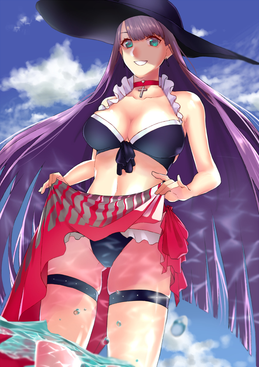 1girl bangs bikini blue_eyes breasts choker cleavage commentary_request cross earrings fate/grand_order fate_(series) hat highres jewelry large_breasts long_hair looking_at_viewer navel purple_hair saint_martha saint_martha_(swimsuit_ruler)_(fate) sasaki_tamao smile solo swimsuit