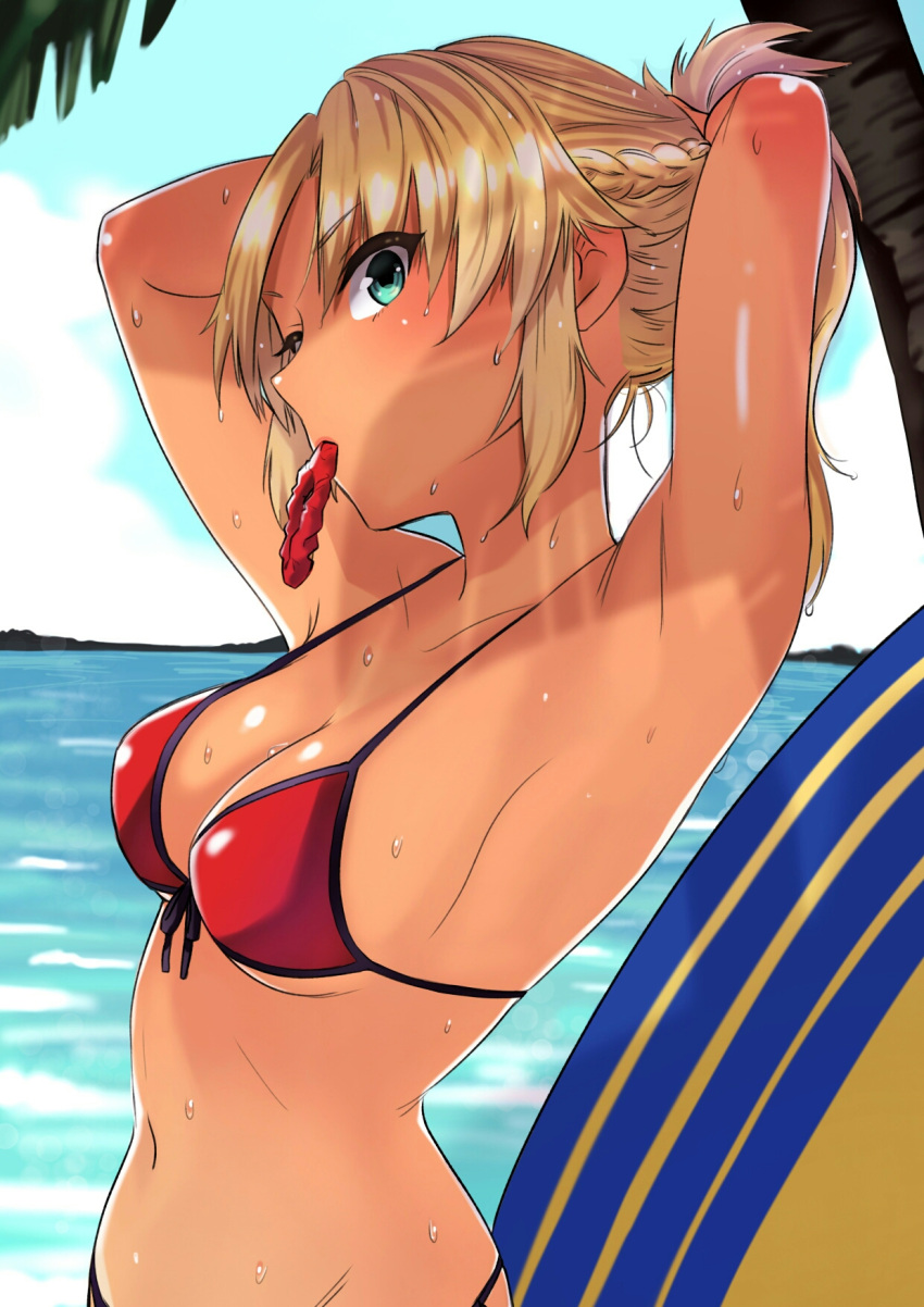 1girl armpits artist_request bikini blonde_hair blue_sky blush braid breasts cleavage fate/apocrypha fate/grand_order fate_(series) green_eyes highres long_hair looking_at_viewer medium_breasts mordred_(swimsuit_rider)_(fate) mouth_hold ocean outdoors palm_tree ponytail red_bikini saber_of_red scrunchie shiny shiny_hair shiny_skin sideboob sky solo swimsuit tan tree tree_shade tying_hair water wet