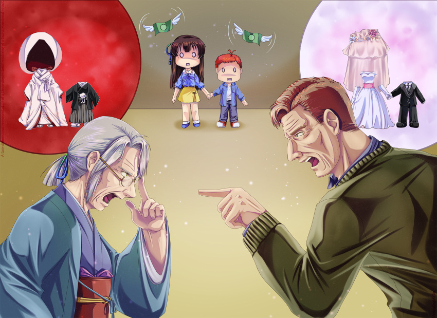 0_0 10s 2boys 2girls alternate_costume arguing black_hair blue_ribbon bridal_veil brown_eyes chibi_inset commentary dress eye_contact facial_hair father_and_son formal glasses gloves grandmother_and_granddaughter green_ribbon grey_hair hair_intakes hair_ribbon hakama haori height_difference highres iowa_(pacific) japanese_clothes jewelry kimi_no_na_wa kimono looking_at_another melisaongmiqin miyamizu_hitoha mole mole_under_eye money multicolored multicolored_ribbon multiple_boys multiple_girls necklace no_hat no_headwear old_woman open_mouth pacific pointing redhead ribbon scared solid_oval_eyes star_necklace stubble suit turn_pale uchikake veil wedding_dress white_gloves