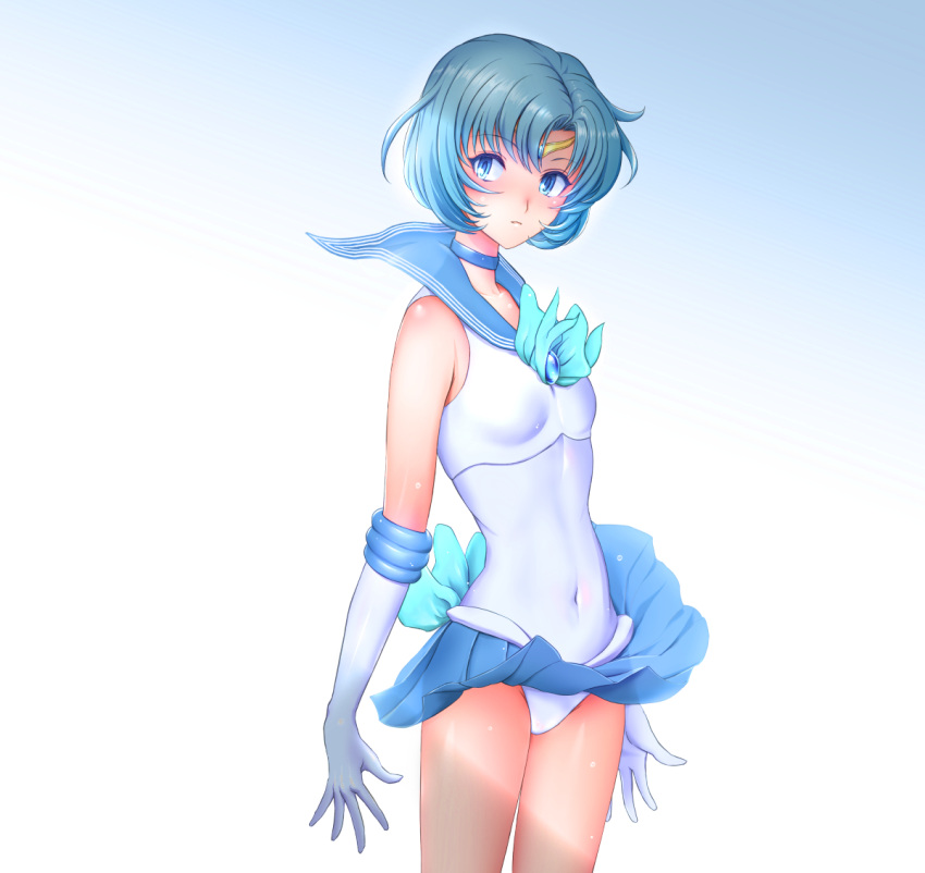 1girl bare_shoulders bishoujo_senshi_sailor_moon blue_eyes blue_hair breasts circlet covered_navel elbow_gloves gloves mizuno_ami pleated_skirt sailor_collar sailor_mercury short_hair skirt small_breasts solo sonota_taisei standing white_gloves