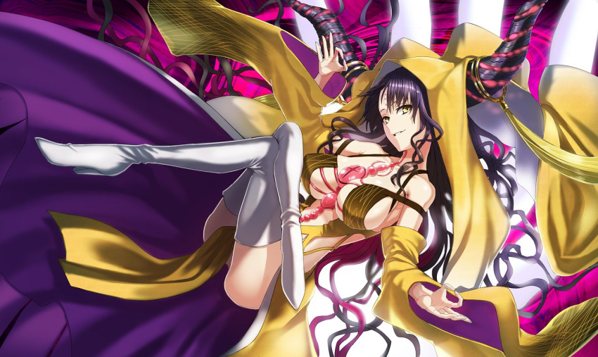 1girl bare_shoulders black_hair boots breasts detached_sleeves facial_mark fate/grand_order fate_(series) forehead_mark from_side hinomoto_madoka horns large_breasts legs_crossed long_hair long_sleeves looking_at_viewer looking_to_the_side parted_lips sesshouin_kiara sideboob smile solo thigh-highs thigh_boots veil very_long_hair white_boots wide_sleeves yellow_eyes