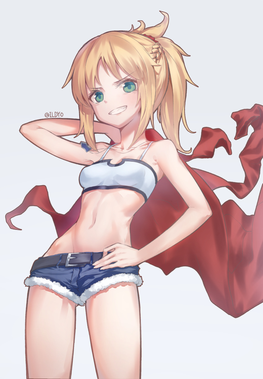 1girl absurdres bare_shoulders belt blonde_hair blush collarbone denim denim_shorts eyebrows_visible_through_hair fate/grand_order fate_(series) green_eyes highres ildy looking_at_viewer mordred_(swimsuit_rider)_(fate) navel parted_lips saber_of_red short_hair short_ponytail shorts smile solo teeth twitter_username