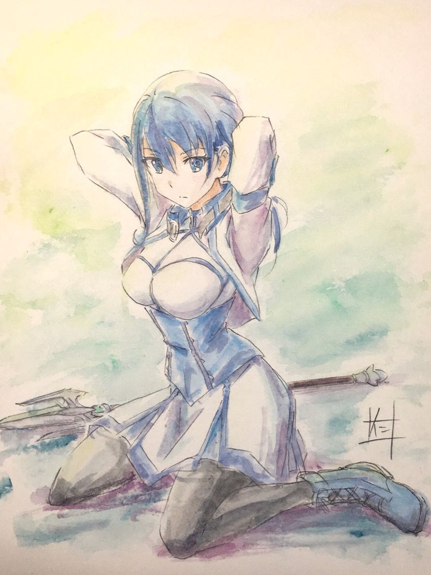 1girl ankle_boots arms_behind_head bangs blue_eyes blue_hair boots breasts collar corset cropped_jacket expressionless hai_to_gensou_no_grimgar highres long_hair looking_at_viewer merry_(grimgar) nii_manabu pantyhose pleated_skirt signature skirt solo staff traditional_media watercolor_pencil_(medium)