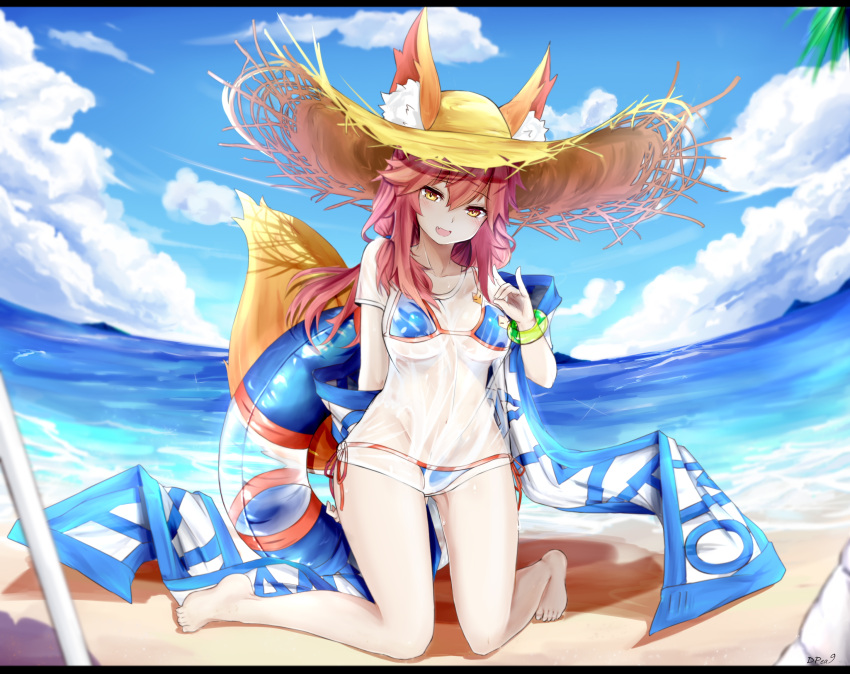 1girl animal_ears bikini blue_bikini blush breasts cleavage collarbone day dpea9 ears_through_headwear fang fate/extra fate/grand_order fate_(series) fox_ears fox_shadow_puppet fox_tail hat highres large_breasts long_hair looking_at_viewer navel ocean open_mouth outdoors pink_hair sitting solo swimsuit tail tamamo_(fate)_(all) tamamo_no_mae_(swimsuit_lancer)_(fate) wet wet_clothes yellow_eyes