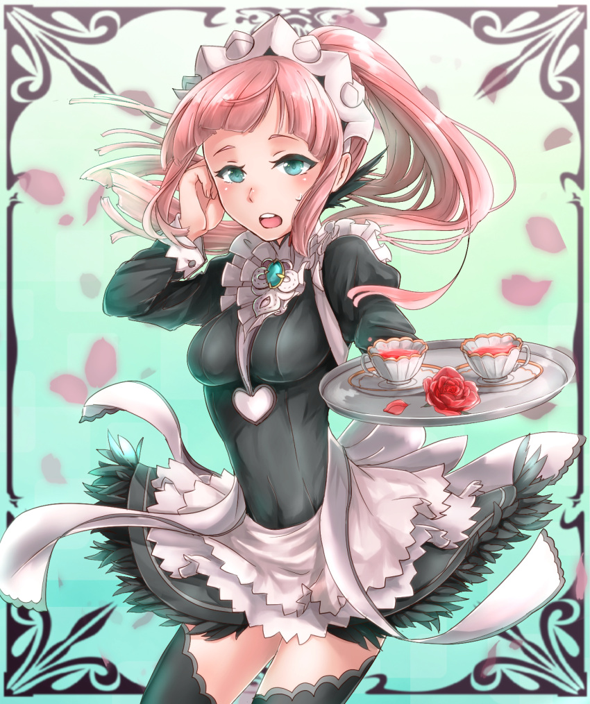 1girl apron blush covered_navel cup felicia_(fire_emblem_if) fire_emblem fire_emblem_if flower green_eyes haru_(nakajou-28) highres long_hair maid maid_apron maid_headdress open_mouth petals ponytail rose solo teacup teeth thigh-highs
