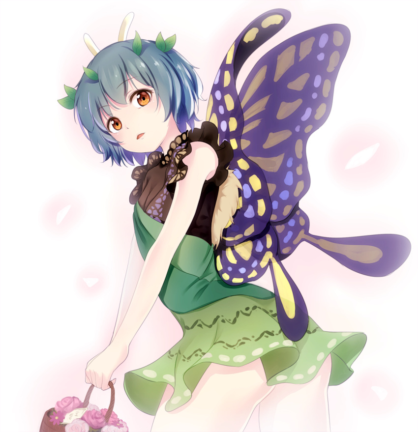 1girl blue_hair blush brown_hair butterfly_wings eternity_larva eyebrows_visible_through_hair green_skirt highres holding_basket looking_at_viewer minku_(nico_seiga) parted_lips pink_flower short_hair skirt solo touhou wings