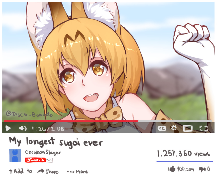 1girl animal_ears artist_name blonde_hair bow bowtie disco_brando elbow_gloves english fake_screenshot gloves hair_between_eyes kemono_friends meme open_mouth parody serval_(kemono_friends) short_hair solo twitter_username yellow_eyes