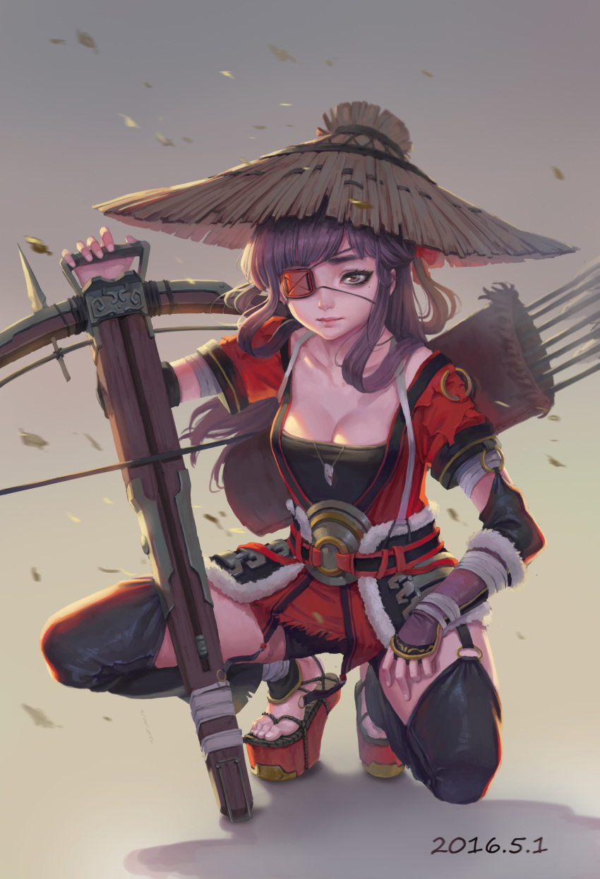 1girl absurdres barefoot_sandals black_legwear bow_(weapon) breasts brown_eyes brown_hair character_request cleavage closed_mouth collarbone copyright_request crossbow dated eyepatch highres large_breasts looking_at_viewer luode_huayuan mole mole_under_eye solo squatting thigh-highs weapon