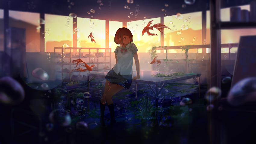 1girl absurdres blue_skirt brown_eyes brown_hair bubble fish goroku highres indoors kneehighs moss original short_hair short_sleeves skirt solo sunset table