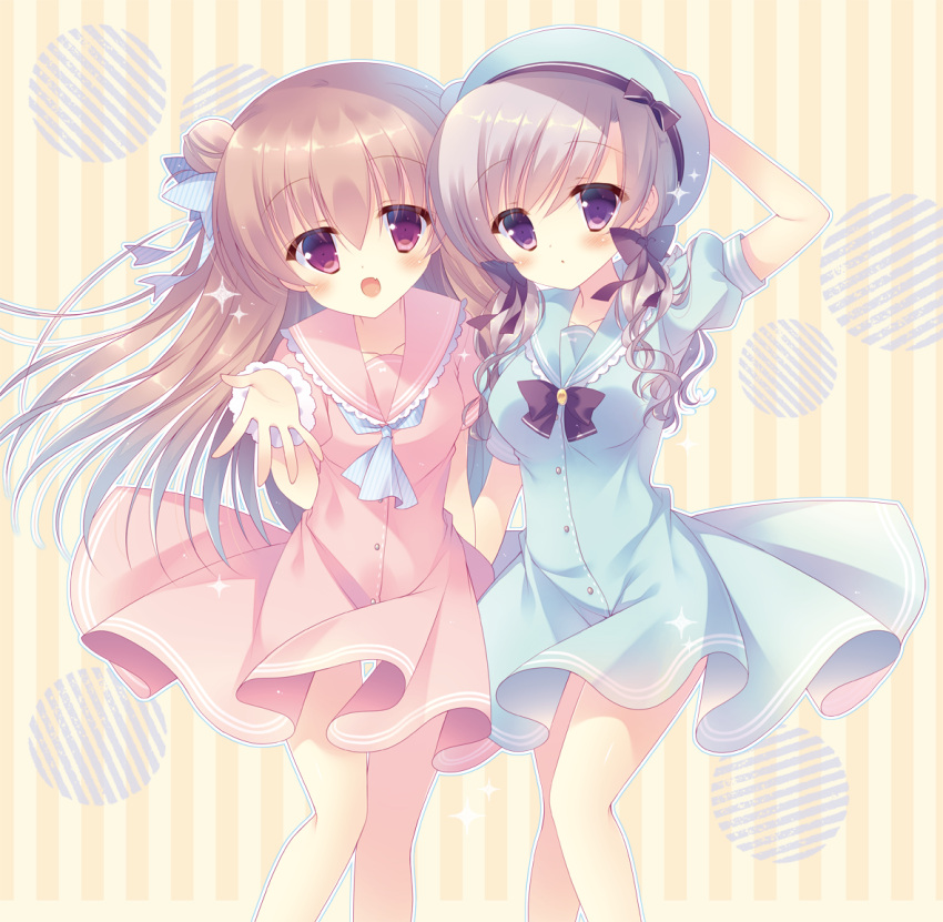 2girls blush bow breasts brown_hair closed_mouth commentary_request dress eyebrows_visible_through_hair hair_between_eyes hair_bow hat long_hair looking_at_viewer multiple_girls open_mouth original sailor_dress smile sumii violet_eyes