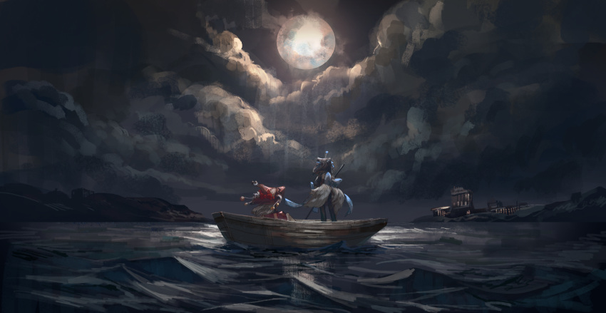2girls black_hair boat bow from_behind full_moon grey_hair hat hat_bow highres july_(shichigatsu) moon multiple_girls night original outdoors red_bow red_hat short_hair water watercraft