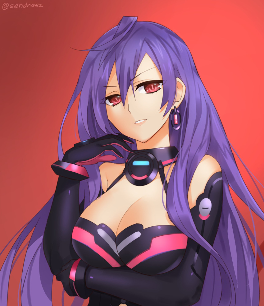 1girl ahoge bare_shoulders black_gloves blue_hair breast_hold breasts cleavage earrings female gloves grin hair_between_eyes hand_up highres iris_heart jewelry large_breasts looking_at_viewer neck neptune_(series) parted_lips pururut red_background red_eyes sendrawz smile solo symbol-shaped_pupils upper_body very_long_hair