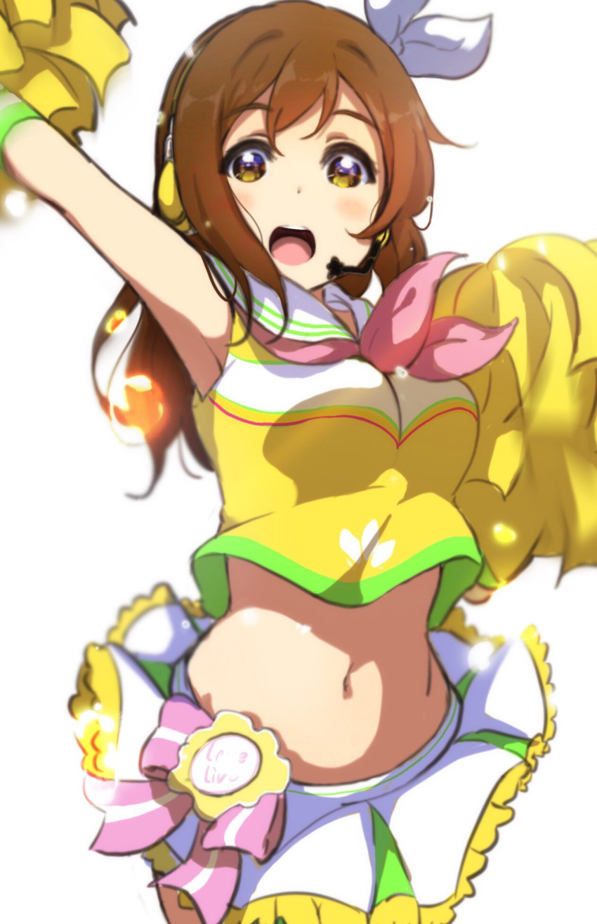 1girl blush breasts brown_hair copyright_name eyebrows_visible_through_hair hairband highres icehotmilktea kunikida_hanamaru large_breasts long_hair looking_at_viewer love_live! love_live!_sunshine!! navel open_mouth pom_poms skirt smile solo white_skirt yellow_eyes