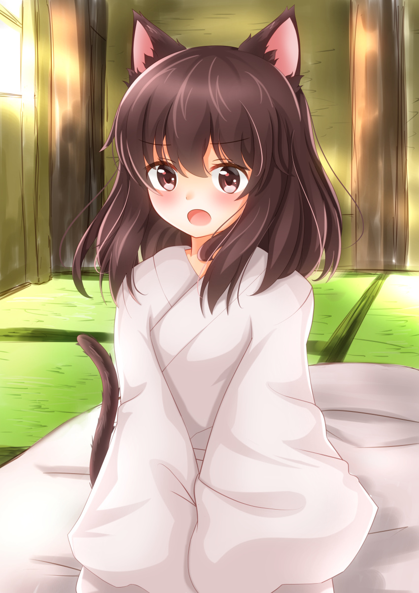 &gt;:o 1girl :o absurdres animal_ears blush brown_eyes brown_hair cat_ears cat_tail commentary futon hakurei_reimu highres long_hair looking_at_viewer open_mouth robe seiza sitting sleepwear sleeves_past_wrists solo tail tatami touhou unira white_robe
