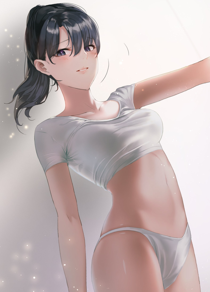 1girl abs aowltus209 arched_back black_hair blue_eyes blush crop_top dust_particles highres hips indoors lips long_hair looking_at_viewer midriff navel original outstretched_arm panties parted_lips ponytail shirt solo sunlight taut_clothes taut_shirt underwear underwear_only white_panties