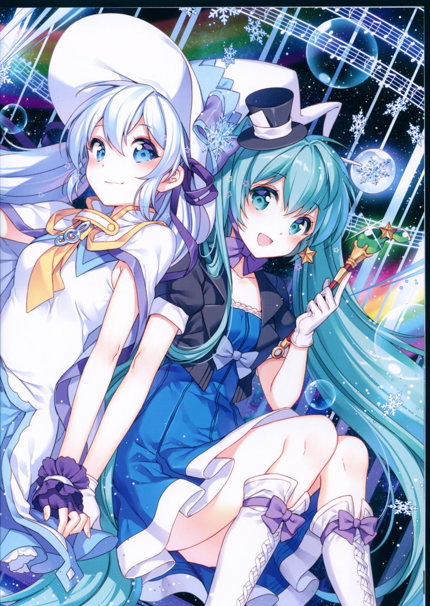 2girls absurdres bangs blue_eyes blue_hair blush boots bow bowtie breasts cape collarbone dress eyebrows_visible_through_hair fingerless_gloves gloves green_eyes green_hair hat hatsune_miku highres holding huge_filesize jacket juliet_sleeves knee_boots long_hair long_sleeves looking_at_viewer medium_breasts mini_hat multiple_girls musical_note nardack open_clothes open_jacket puffy_sleeves scan short_dress short_sleeves sitting star twintails very_long_hair wand white_boots white_gloves witch_hat