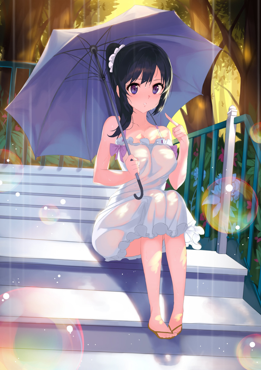 10s 1girl absurdres aowltus209 black_hair blush bow dress forest hibike!_euphonium highres kousaka_reina lens_flare looking_at_viewer nature pointing pointing_at_self purple_bow railing rain sandals see-through sitting solo stairs tree umbrella violet_eyes white_dress